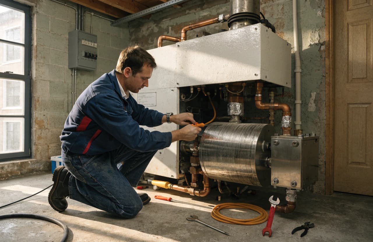 Heating engineer inspecting a domestic boiler in a UK home